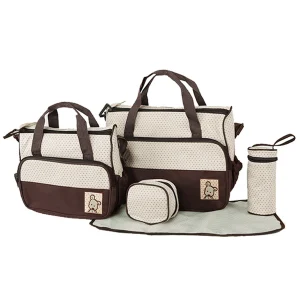 Ensemble sacs de voyage parent enfant sac à dos multifonctionnel grande capacité 5 pièces style moderne tissu polyester motif pois beige brun piquenique sorties bébé