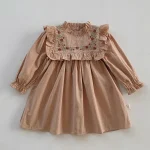 Robe française bébé fille vêtements d&rsquo;automne col montant brodé manches longues style classique coton doux rose et vert floral