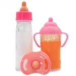 Ensemble de biberons pour poupée bébé jouet de soins bouteilles de lait et jus avec sucette 2 pièces grande taille poussette accessoires rose