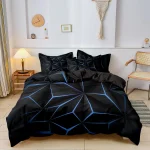 Ensemble housse de couette et taies d&rsquo;oreiller géométrique bleu et noir literie moderne pour bébé enfant chambre adulte design intemporel 1 housse  2 taies