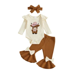 Vêtements bébé fille tenue 3 pièces manches longues body brodé vache pantalon évasé bandeau ensemble mode nouveauné fille