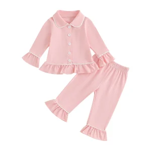 Ensemble pyjama fille bébé manches longues volants rose pastel confort nuit détente printemps automne vêtements enfants Ensemble pyjama fille bébé manches longues volants rose pastel confort nuit détente printemps automne vêtements enfants