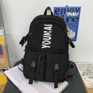 Sac à dos école Youmai nylon style préppy noir blanc poches multiples durable pratique