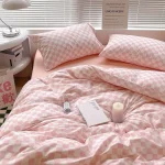 Parure de lit nordique damier rose noir housse de couette taie d&rsquo;oreiller drap de lit bébé filles style kawaii sans rembourrage sécuritaire et pratique
