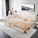 Organisateur de lit bébé tiroirs rangement tête de lit lit Queen Size 180x200cm meuble moderne minimaliste décoration chambre enfant espace de stockage intégré usage familial