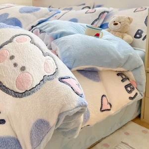 Parure de lit en peluche pour enfants hiver animaux mignons couette drap taie d&rsquo;oreiller design douillet enfants chambre literie douceur confort