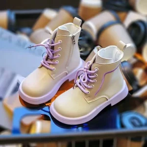 Bottes en similicuir PU pour enfants mode automnehiver imperméables comfort filles garçons 712 ans style moderne beige avec accents mauves