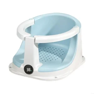 Baignoire bébé portable antidérapante avec siège incliné design sécurisé affichage température 38°C bleu clair blanc PP 024 mois Baignoire bébé portable antidérapante avec siège incliné design sécurisé affichage température 38°C bleu clair blanc PP 024 mois