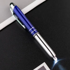 Stylo multifonctionnel métal 3 en 1 stylo à bille stylet tactile lampe LED portable design moderne couleur bleu