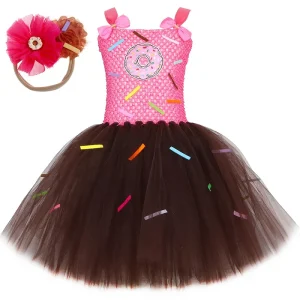 Robe thème bonbons pour filles costume fête d&rsquo;anniversaire robe tutu tulle accessoires cheveux cadeau original thème sucré style mignon confortable