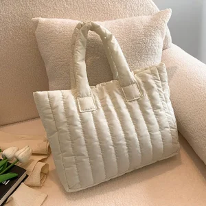 Sac à main tote rembourré coton polyester femme grande capacité style décontracté élégant blanc crème matelassé port épaule main