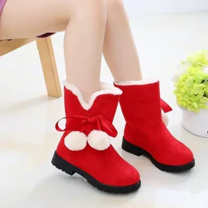 Bottines filles imitation suède hiver doux confortable pompons blancs chaussures d&rsquo;hiver enfant fille style cute