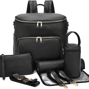 Sac à couches sac à dos sac à dos en cuir pour femmes sac à dos de voyage sac bébé grand avec sangles Troller capacité pour vêtements mouillés – Black-b