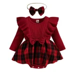 Tenue de Noël bébé fille barboteuse côtelée manches longues jupe Tutu carreaux ensemble body volants matériau coton occasion spéciale sécurité