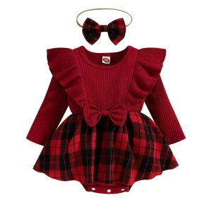 Tenue de Noël bébé fille barboteuse côtelée manches longues jupe Tutu carreaux ensemble body volants matériau coton occasion spéciale sécurité