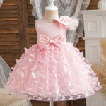 Robe princesse 3D papillon pour filles tenue soirée baptême mariage anniversaire 36 ans style romantique élégant en tulle satin  Rose