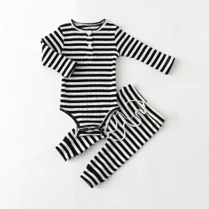 Ensemble vêtements bébé garçon 2 pièces body et pantalon rayures noires et blanches coton doux comfort naissance 01 ans