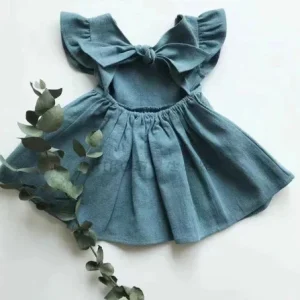 Robe d&rsquo;été princesse manches volantes coton lin bébé fille occasion spéciale robe de fête royal blue