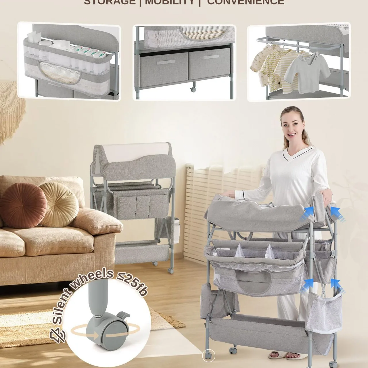 Chariot rangement bébé moderne avec roulettes 多 compartiments tissu et plastique design épuré idéal pour chambre bébé et table à langer