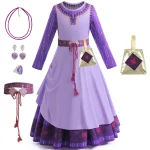 Robe de princesse pour enfants cosplay Halloween accessoires inclus violette motifs géométriques ceinture dorée manches longues robe longue