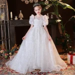 Robe blanche longue fille élégante fleurs manches bouffantes soirée spectacle enfants 713 ans