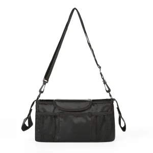 Sac de rangement pour poussette bébé sac transport à bandoulière nylon poches latérales mesh usage maternité noir compact durable