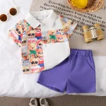 Ensemble 2 pièces bébé garçon motif ours en peluche chemise manches courtes et short violet style dessin animé été 13 ans