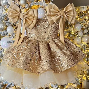 Robe de soirée d&rsquo;anniversaire élégante pour filles robe de bal luxueuse avec perles robe de mariage pour enfants  Champagne