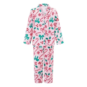 Ensemble pyjama enfants arc canne à sucre imprimé boutonné manches longues chemise pantalon long vêtements de nuit Noël