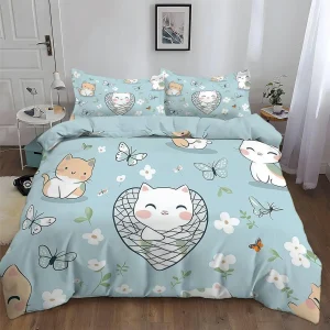 Ensemble housse de couette chat mignon 2 pièces pour chambre enfant literie moderne design animal floral doux et sécurisant pour bébés et enfants