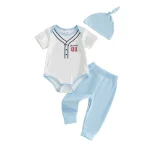 Ensemble vêtements bébé garçon body manches courtes Baseball 01 pantalon bonnet tenue 3 pièces 13 ans