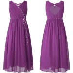 Robe de soiréeperlée pour filles robe maxi en mousseline de soie évidée froncée avec poignées ceinture amovible pour mariage anniversaire occasions spéciales  Violet