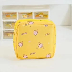 Sac de rangement portable pour serviettes hygiéniques motif dessin animé jaune et rose tissu synthétique usage quotidien facile à transporter design ludique qualité premium