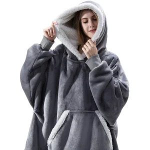 Poncho à capuche surdimensionné en polaire Sherpa doux confortable idéal pour la maison et les sorties gris