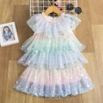 Robe d&rsquo;été princesse pour filles tulle paillettes étoiles dégradé pastel manches volants robe fête anniversaire 36 ans