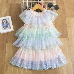 Robe d&rsquo;été princesse pour filles tulle paillettes étoiles dégradé pastel manches volants robe fête anniversaire 36 ans