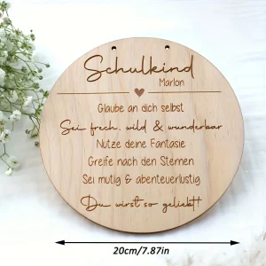 Assiette commémorative en bois pour bébé panneau décoratif rond gravé Hello World cadeau personnalisé pour chambre d&rsquo;enfant accessoire photo bébé gravure en relief suspensions intégrées