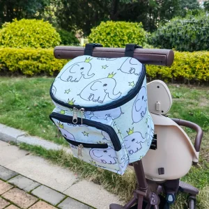 Sac de rangement suspendu universel pour poussette bébé grandes dimensions motifs éléphants fermetures éclair pratique et sécurisé