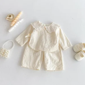 Ensemble deux pièces baby girl automne haut à col dentelle pantalon jambes larges look mignon en coton doux