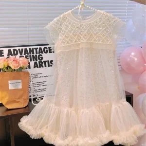 Robe princesse coréenne pour filles vêtement enfant robe longueur genou col perlé style romantique printemps été 2023 couleur crème