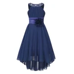 Robe de soirée pour filles sans manches froncéeperlée ourlet asymétrique en mousseline élégante pour mariage ou anniversaire  Navy Blue