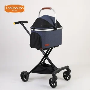 Poussette pliable pour animaux de compagnie, poignées légères, chien à quatre roues respirant amovible, fournitures de transport, freins pour touristes – Dark Blue