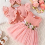 Robe d&rsquo;été pour nouveauné fille ensemble haut et jupe dentelle motifs fleurs sans manches 01 ans rose pastel