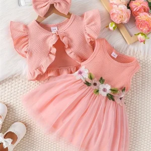 Robe d&rsquo;été pour nouveauné fille ensemble haut et jupe dentelle motifs fleurs sans manches 01 ans rose pastel