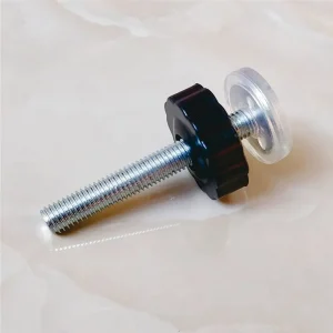 Boulon de sécurité pour portes bébé ajustable en acier inoxydable avec molette plastique noire et rondelle transparente Boulon de sécurité pour portes bébé ajustable en acier inoxydable avec molette plastique noire et rondelle transparente