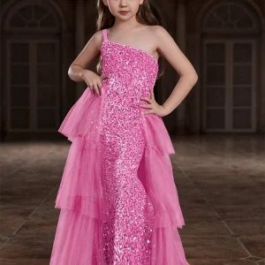 Robe de soirée pour enfant en tulle et sequins robe de fête d&rsquo;anniversaire mariage bal style glamour rose vif tulle en couches buste ajusté manches sans