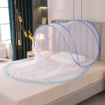 Moustiquaire de voyage pliable antimoustiques filet de lit portable à maille unique design moderne blanc et bleu clair dentelle protection insectes usage intérieur rangement facile