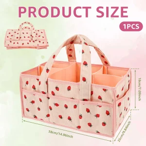 Panier rangement couches bébé sac caddie portable multicompartiments design écofriendly avec poignée rose à motifs fraises Panier rangement couches bébé sac caddie portable multicompartiments design écofriendly avec poignée rose à motifs fraises