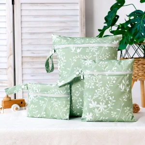 Ensemble 3 pochettes rangement bébé lavables réutilisables multifonctionnelles sac de voyage tissu imperméable doux motifs floraux vert menthe