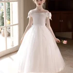 Robe de soirée formelle pour filles robe de mariée blanche jupe en gaze bouffante demoiselle d&rsquo;honneur grand nœud